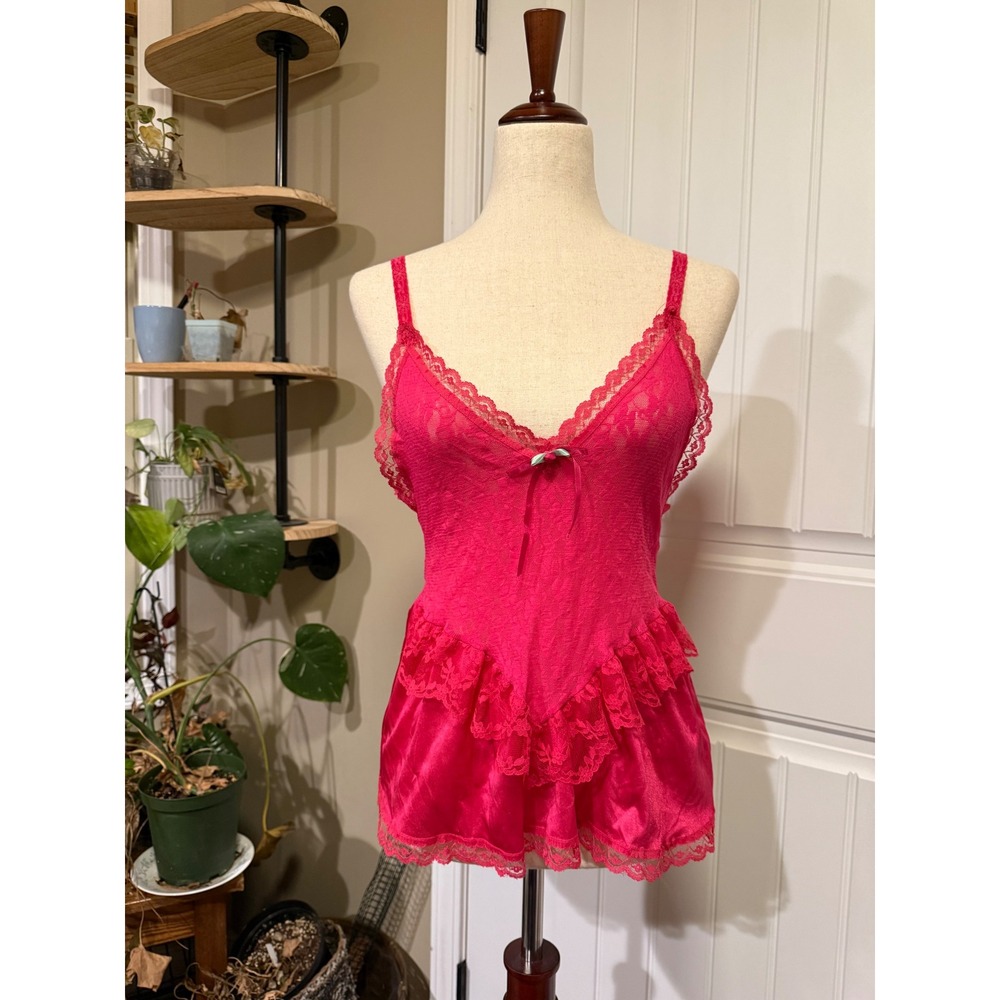 Feather Bed Intimates Pink Lace Trim Ruffle Satin Teddy Lingerie Medium